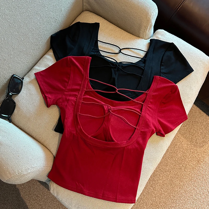 Retro Hong Kong Style Cross Back Hollow out Short Sleeve T-Shirt Women Summer Inner Wear Pure Desire Spicy Girl Top