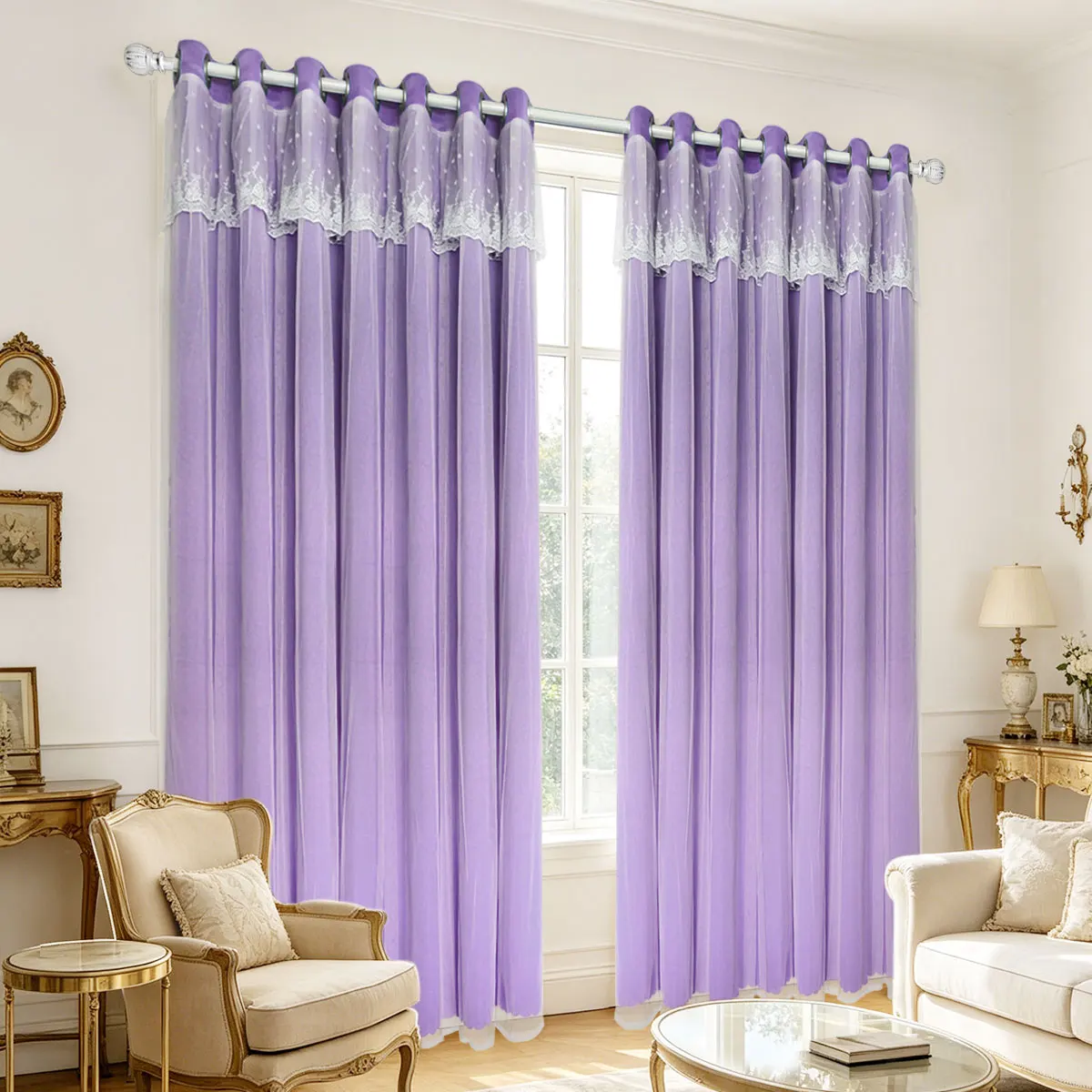 Lilac Double Layer Lace Grommet Curtains, Sheer Drapes for Romantic French Girl Bedroom Decor
