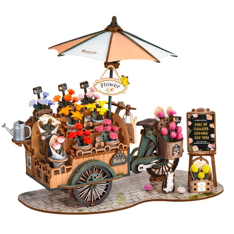 Animation Flower Cart Float 3D Puzzle Wooden Toy Assembly Model Building Blocks Handmade Adult Ornament Birthday Gift Peripheral