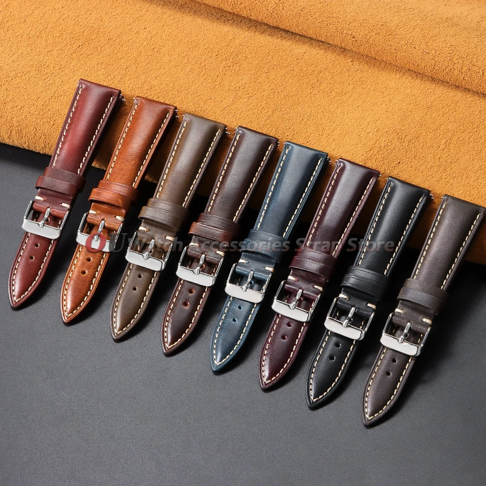 For Omega Vintage Oil Wax Cowhide Watch Strap 18mm 19mm 20mm 21mm 22mm Brown Head Layer Leather Watchband Pin Buckle Accessories