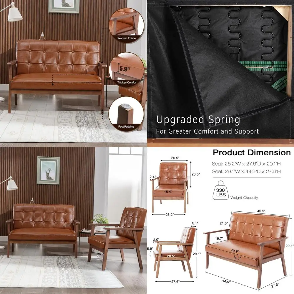 

Комплект из двухместного кожаного дивана и кресла с обивкой для небольших гостиных, коричневый