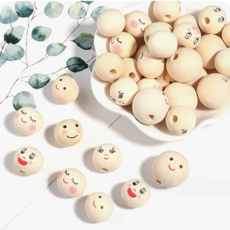 

100Pcs 20mm Round Face Beads Pieces Natural Wooden Decor Chiristmas Tree Garland Craft Smiling Face Loose For Bracelets NEW