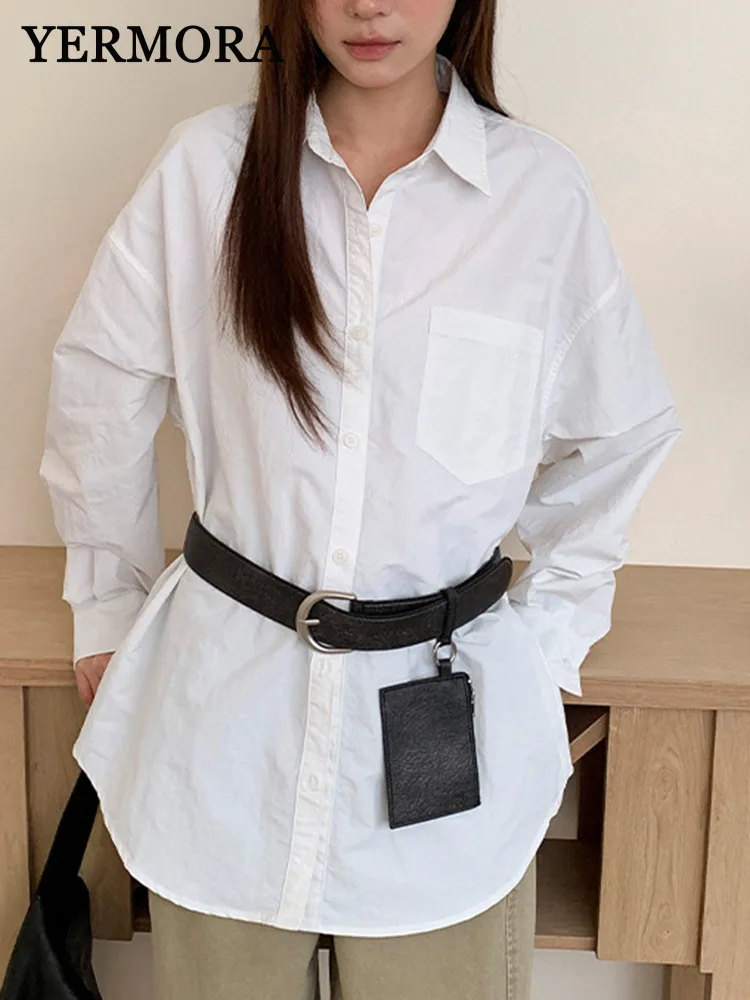 

YERMORA белая повседневная блузка большого размера с карманами для женщин, свободная новая рубашка с длинными рукавами и лацканами, модная весна-осень 2025