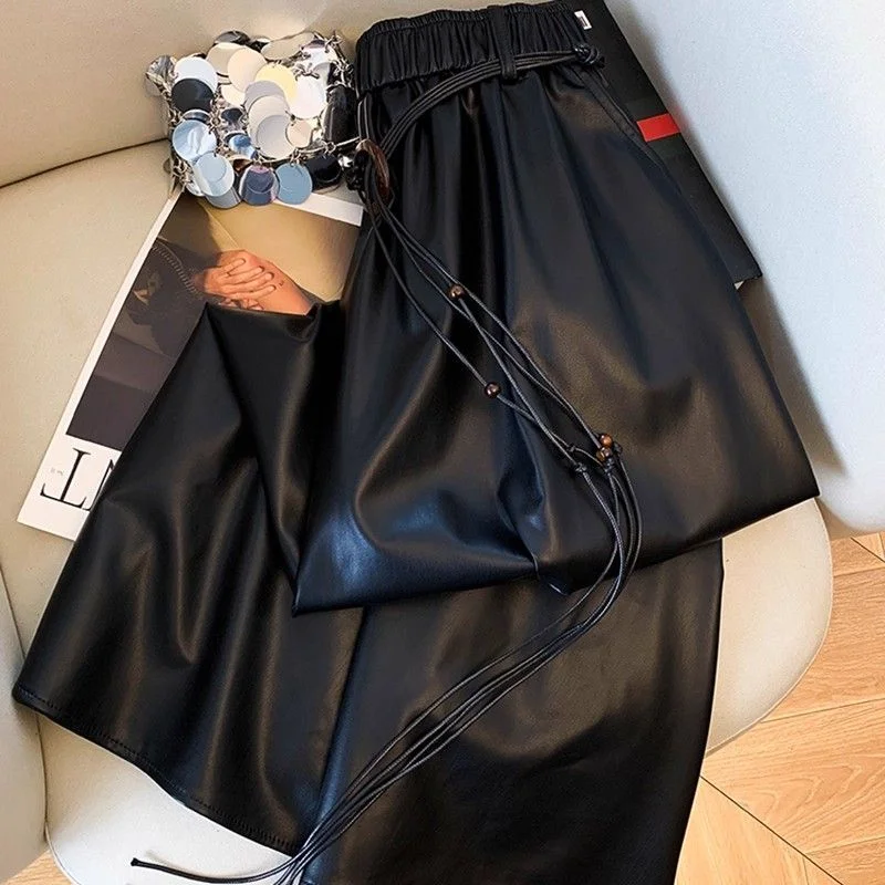 

2025 Autumn New PU Leather Skirt with Belt Women's High Waist Slim Versatile Loose A-Line Long Skirt