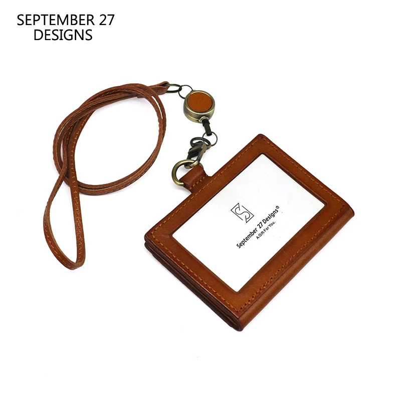 ID Badge Holder For Office Work Genuine Leather Luxury Neck Strap Driving License Bag Lanyard Reel Bus Card Wallet Mini Purses