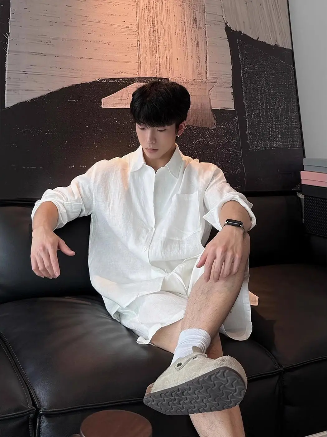 Spring/Summer Men's Matching Sets French Casual Fashion Loose White Lapel Long Sleeve Shirt Elastic Waist Shorts 2 Pieces Set view 3
