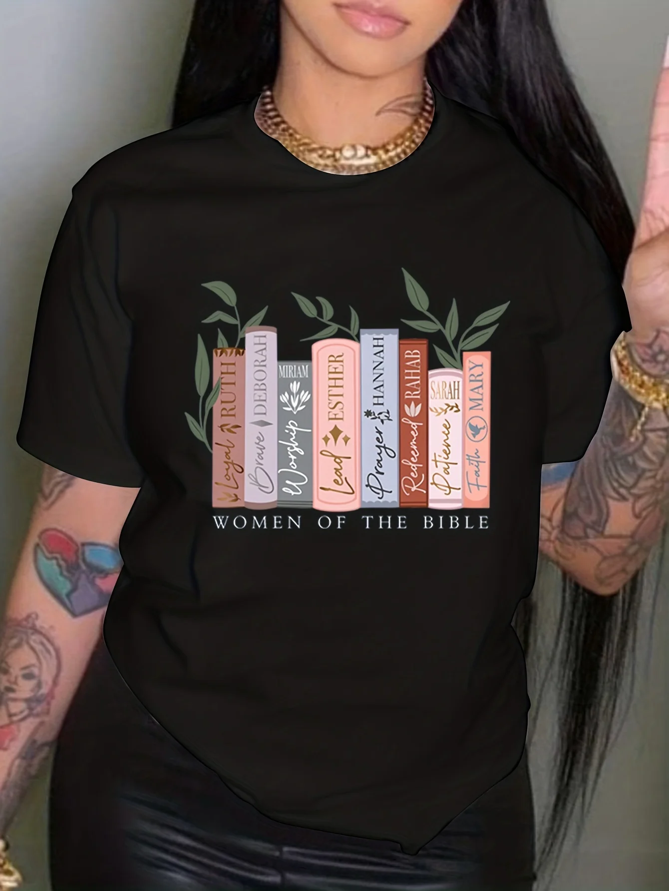 Women of The Bible Print T-Shirt, Drop Shoulder Short Sleeve Crew Neck Casual Top for Spring & Summer, Women's Clothing