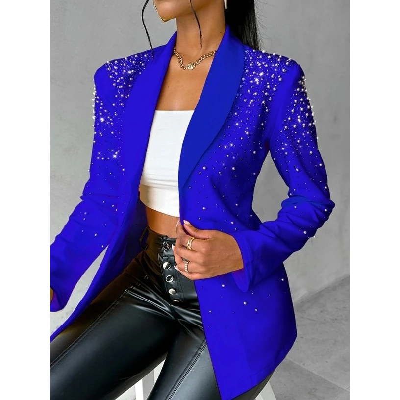 

Faionable Casual Pearl Embellied Women's Suiting Jaet Long Sve Polyester Fabric Autumn Season Exclusive Online
