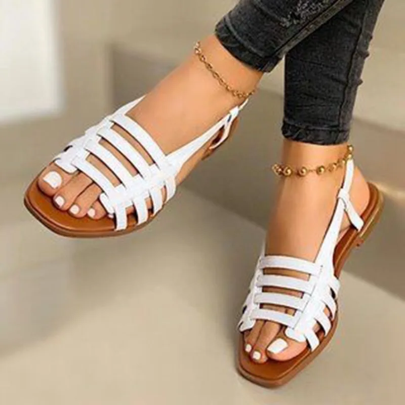 Damenschuhe Übergröße 35-43 Damen-Sandalen Sommer Ausgehöhlte Römerschuhe Gladiator Open-Toe Strand-Flachschuhe Damenschuhe
