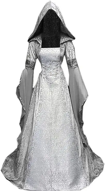 Mittelalterliches gotisches Kapuzenkostüm, Retro-Renaissance-Hochzeitsrock mit Stickereien, Halloween-Cosplay-Kleidung, Kostüme – Detail 6