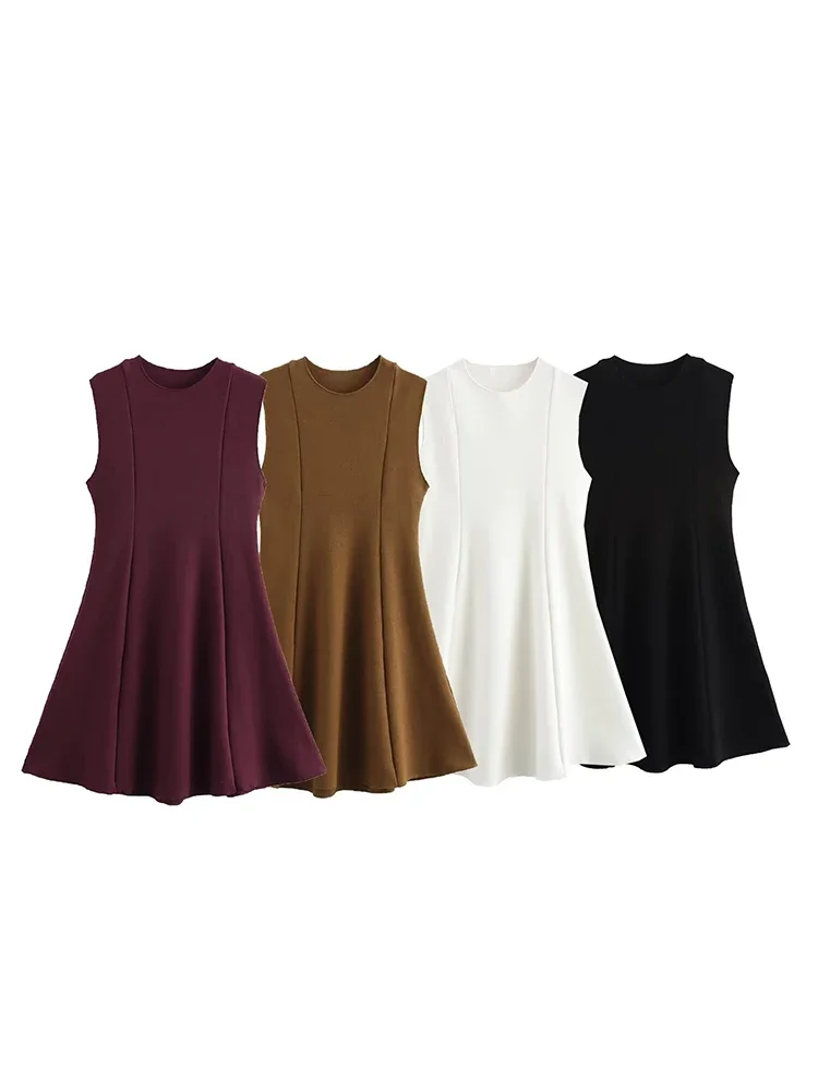 

Willshela Women Fashion Solid Pleated Knitted Mini Dress Vintage O-Neck Sleeveless Female Chic Lady Dresses