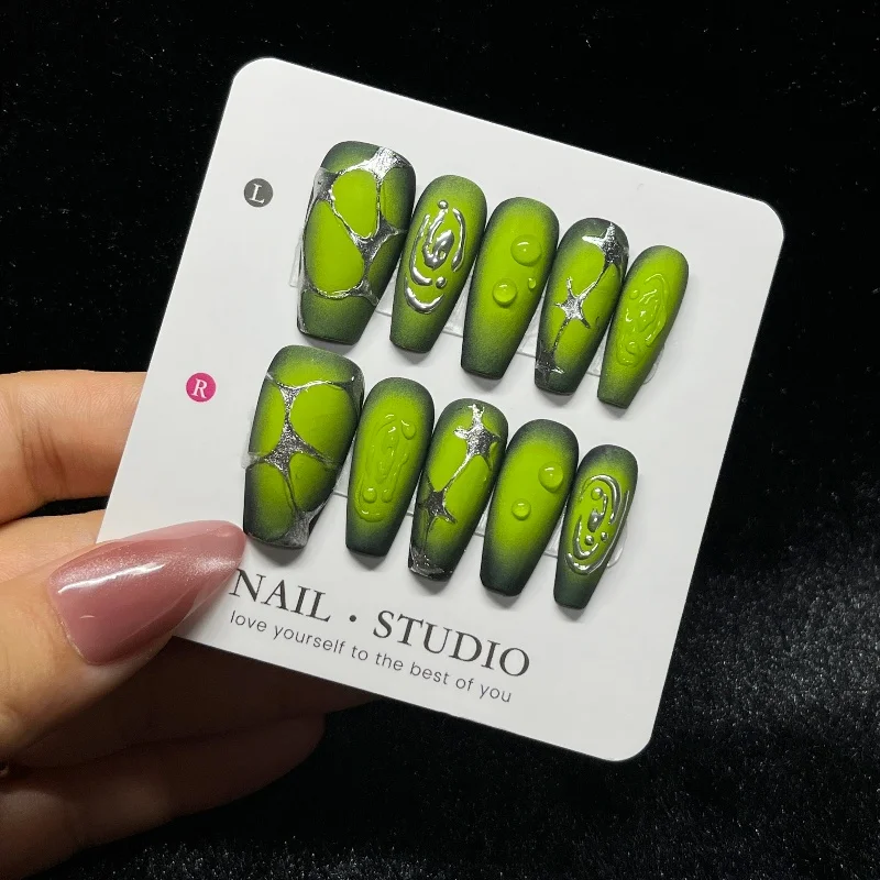 

10PCS Green Gradient Dark Shades French Handmade Press on Nails Metallic Silver Star Medium Coffin False Nails Unique Fake Nails