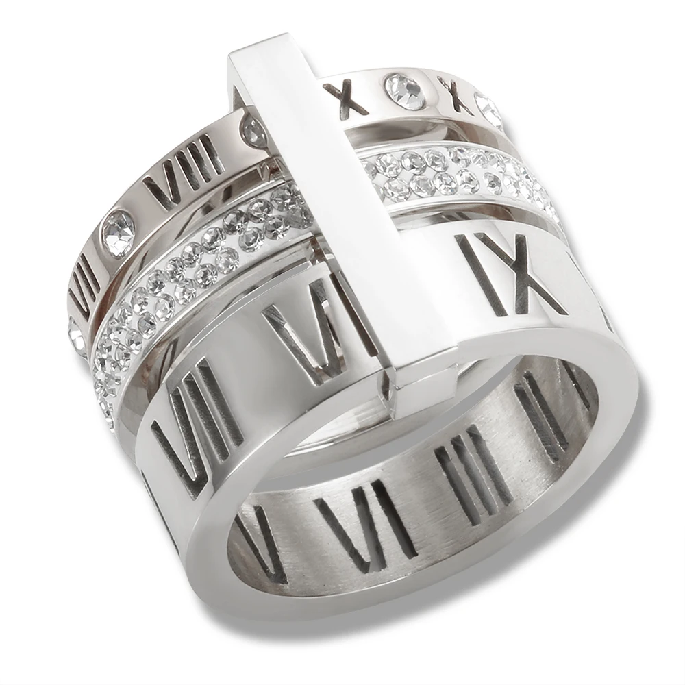 Drei Schichten Römischen Ziffern Ring für Frauen Luxus Edelstahl Drehbare Kristall Finger Ringe Weibliche Hochzeit Trendy Schmuck – Detail 5