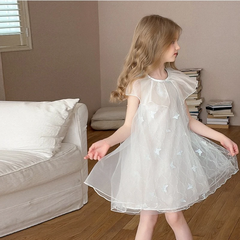 2025 Summer New Lotus Leaf Collar Children's Sweet Princess Dress Butterfly Embroidery Mesh Design Fairy Elegant Dress