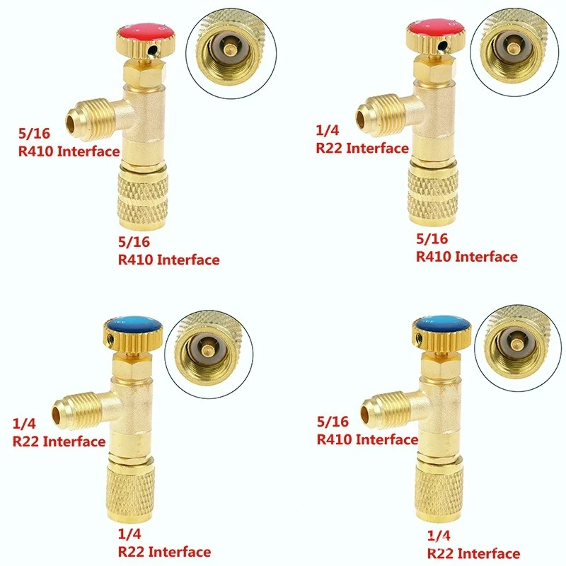 Válvula de seguridad líquida refrigerante para aire acondicionado R410A R22, adaptador de seguridad de 1/4 pulgadas, reparación y fluoruro de aire