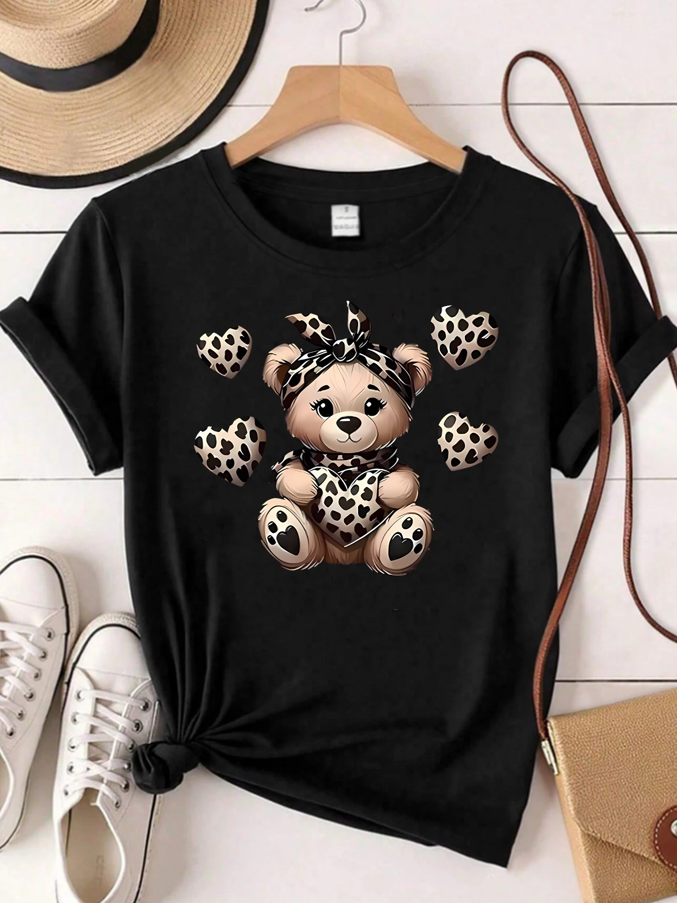 

Leopard bear pattern round neck plus size women T-shirt short sleeve trend printing elastic half sleeve T-shirt