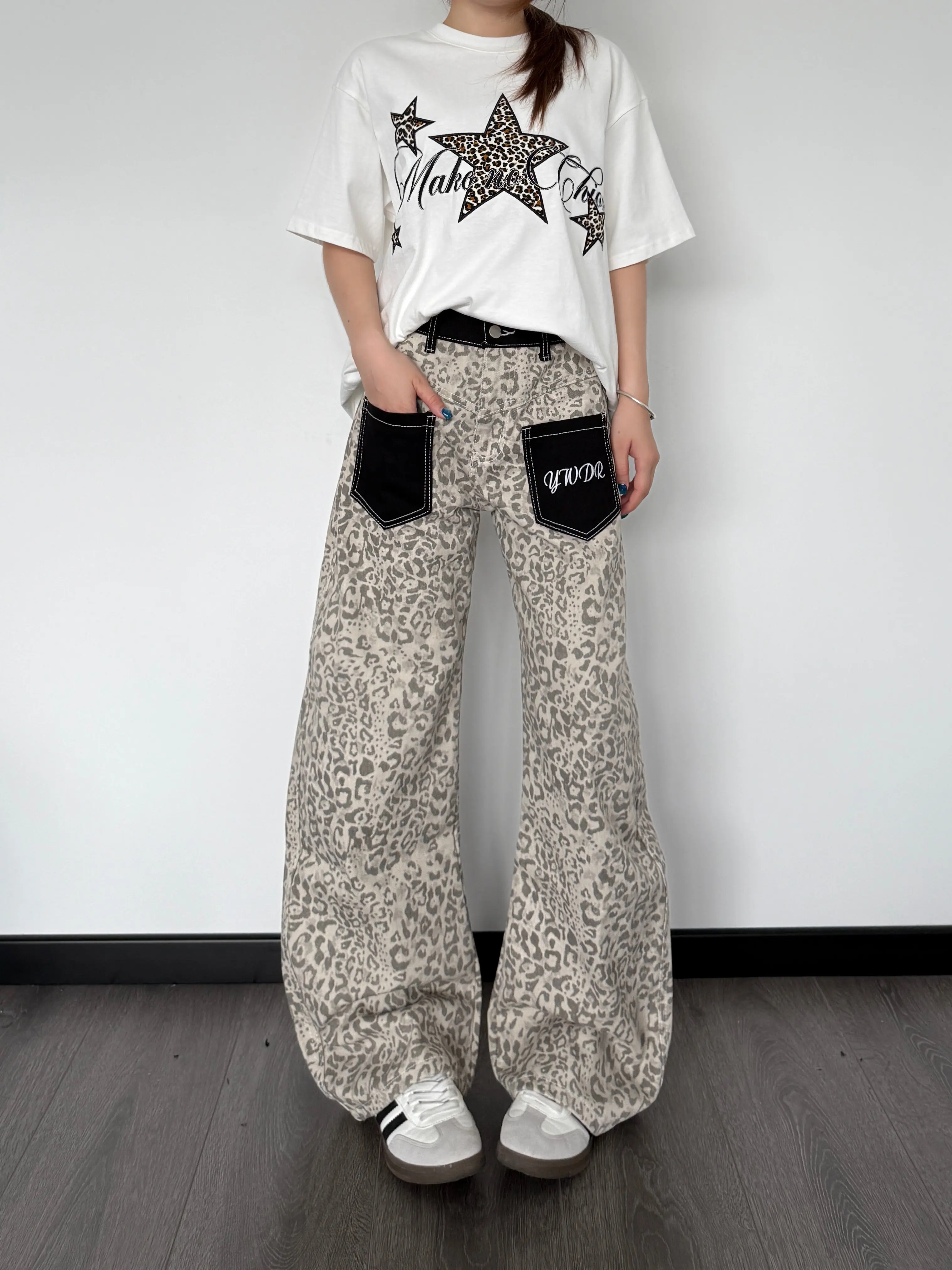American Retro Leopard Print Patchwork Pocket Jeans Loose Street Style Wide Leg Casual Long Trousers for Men And Women