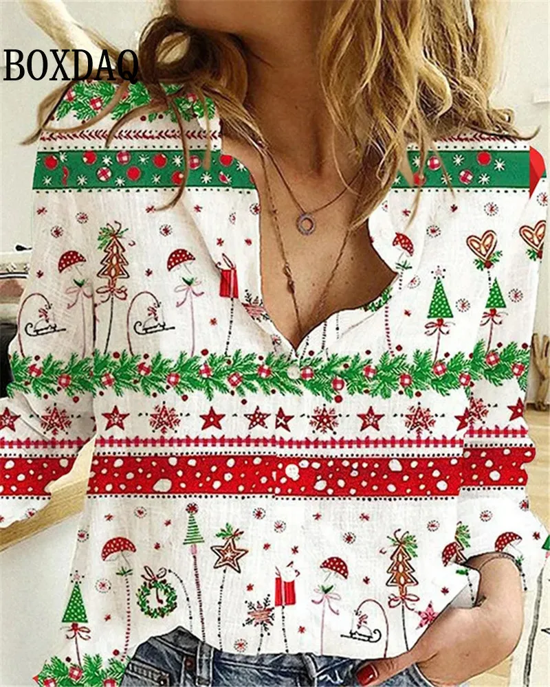 New 2024 Women\'s Blouses Christmas 3D Printed Shirts Autumn Winter Fashion Long Sleeve Funny Cute Santa Claus Casual Button Tops