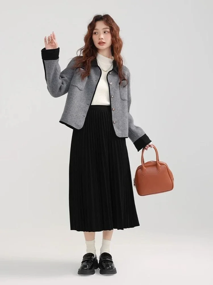 

Women Autumn Winter Short Wool Coat Contrast Color Trendy Chic Elegant Casual Loose Fit Fleece Lined Warm Jacket Niche Design