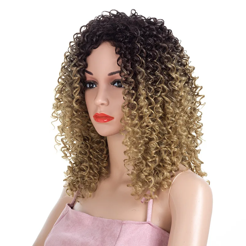 2Color Long Afro Kinky Curly Wig With Bangs For Black Women Synthetic Natural Blonde Cosplay Wigs