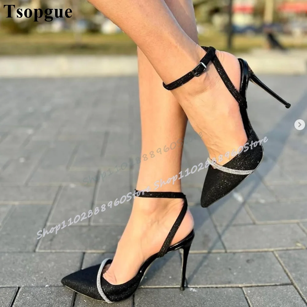 

Bling Black Glitter Shallow Pointy Sandals Stilettos High Heel Women Shoes Ankle Buckle Strap Pointed Toe Gorgeous Women Sandals