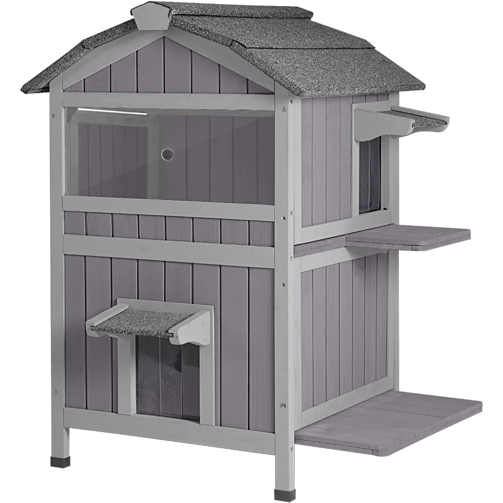 

Outdoor Cat House, Two-Story Feral Cat Shelter，Weatherproof Cats Enclosure for Winter with Escape Doors