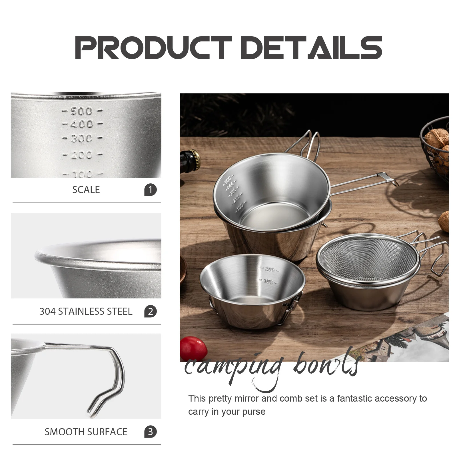 

3pcs Stainless Steel Camping Bowls Lightweight Compact Design Smooth Burrs-Free Surface Multi-Function Water Wine Food Bowl For