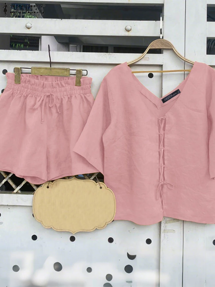 

ZANZEA Fashion Women Short Sets 2025 Summer Short Sleeve Bandage V-Neck Shirts Elastic Waist Shorts Casual 2PCS Solid Color Sets