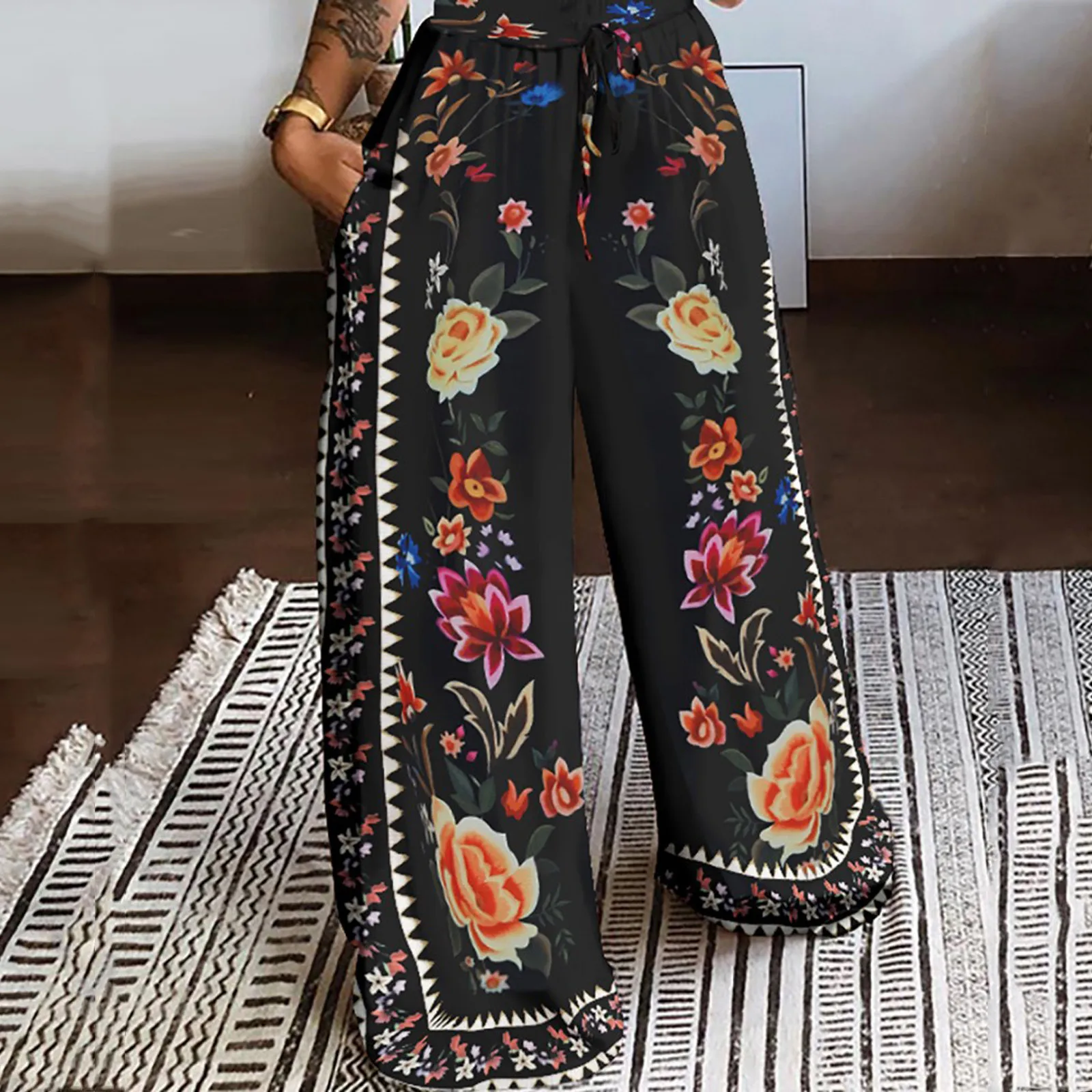 Pockets Pants Beach Long Waist Pants Women Printing Boho High Trousers Easy Pants Leisure Versatile Floor Length Loose Trousers