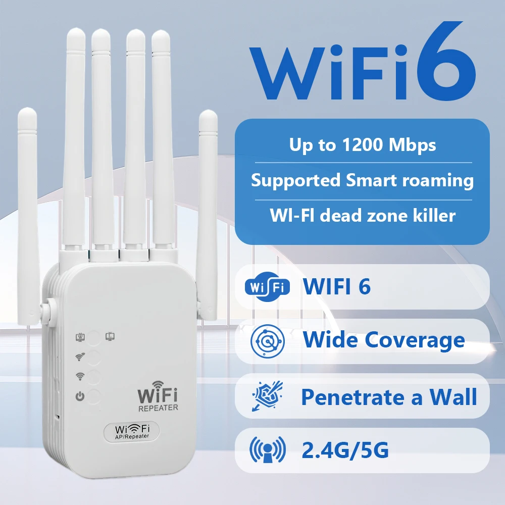 1200Mbps - Dual Band Gigabit Ethernet Ports, WiFi 6 Extender, Works with Any Router, Universal Compatibility, 6 Antennas for 50+