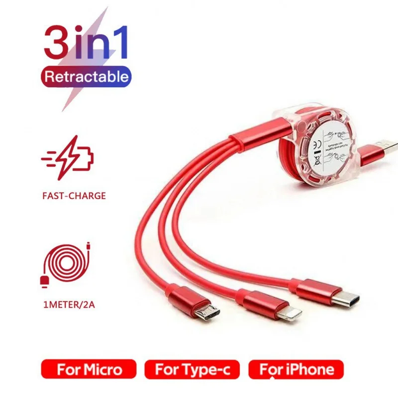 3in 1 Multifunctional Retractable USB Charger Cable 1M / Micro USB Type-C for i Phone Universal/USB Data Cable