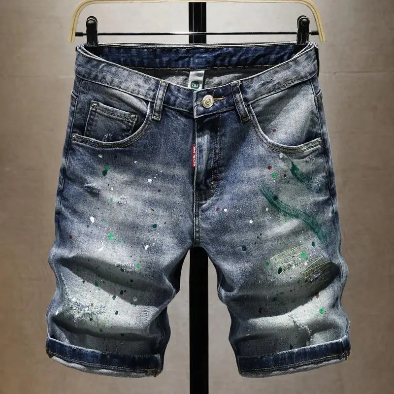 Washed Ripped Denim Men's Trendy Brand Spray Paint Medium Summer Thin Elastic Patch Bermuda Short Pants Men's Jeans Shorts