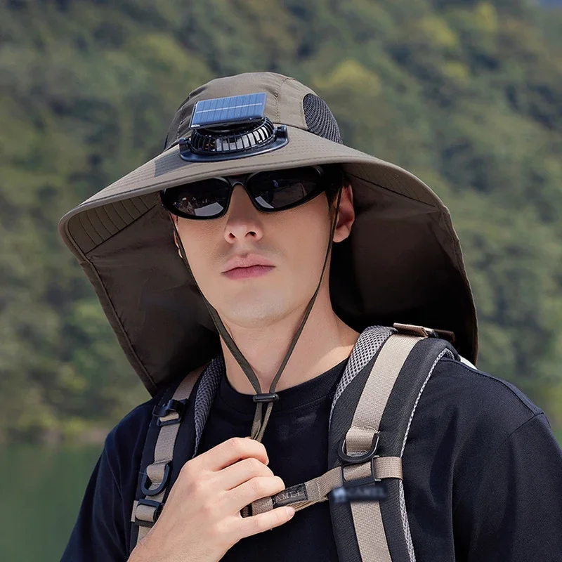 Sombrero con ventilador de refrigeración con energía Solar para hombre, gorro protector solar con carga USB resistente al agua, para senderismo al aire libre, pesca, con solapa para el cuello, verano