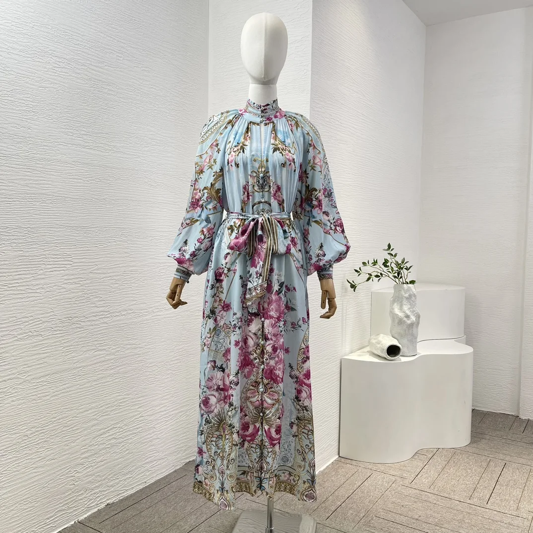 

2024 New High Quality Women Vintage Sky Blue Floral Print Long Sleeve Diamonds Closure Midi Dress