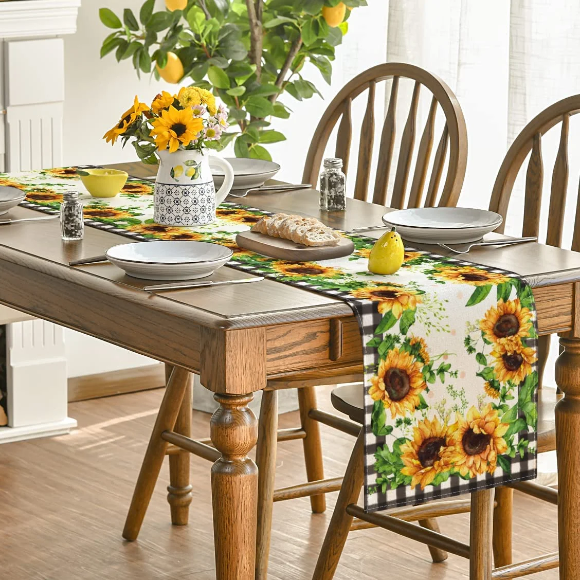 Buffalo Plaid Sunflower Table Runner, Kitchen Table Decoration Rectangle Table Runner Home Dinner Party Accessories Table Runner