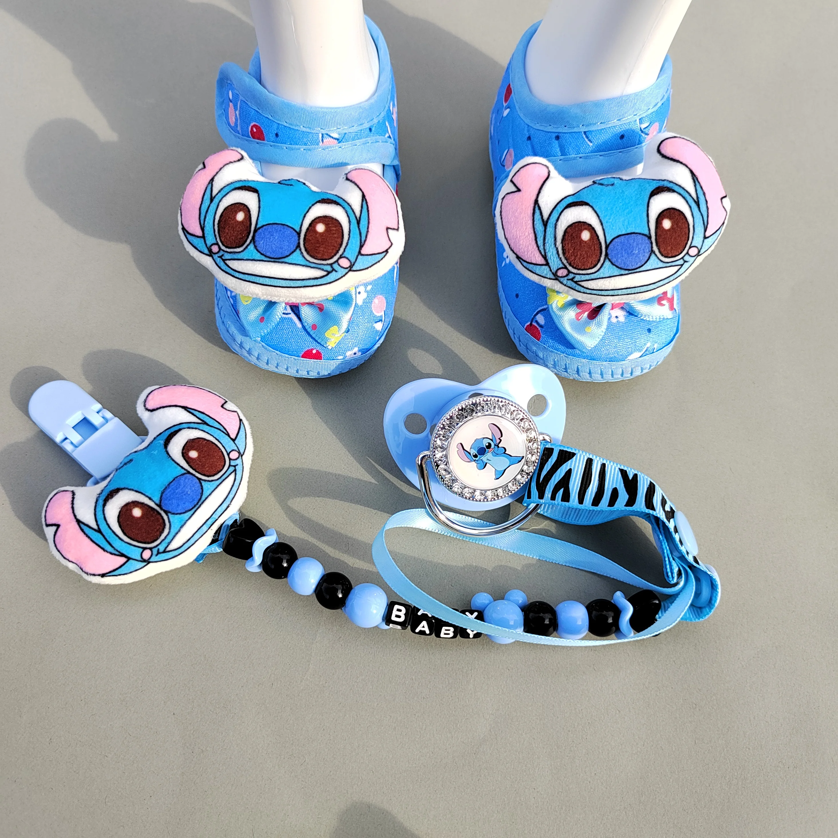 Disney cartoon shape Stitch silicone fake clip and baby pacifier headband shoes Blue baby shower birthday gift chupetes0-8M