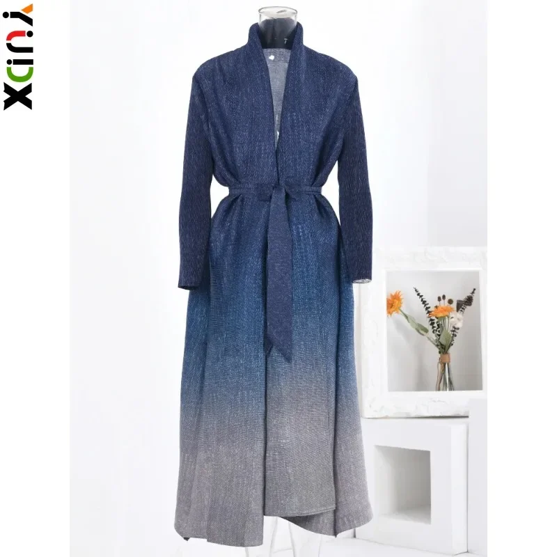 

YUDX Miyake Vintage Gradient Pleated Trench Coat Women Lapel Belt Gathered Waist Long Windbreaker 2024 Autumn New Clothing