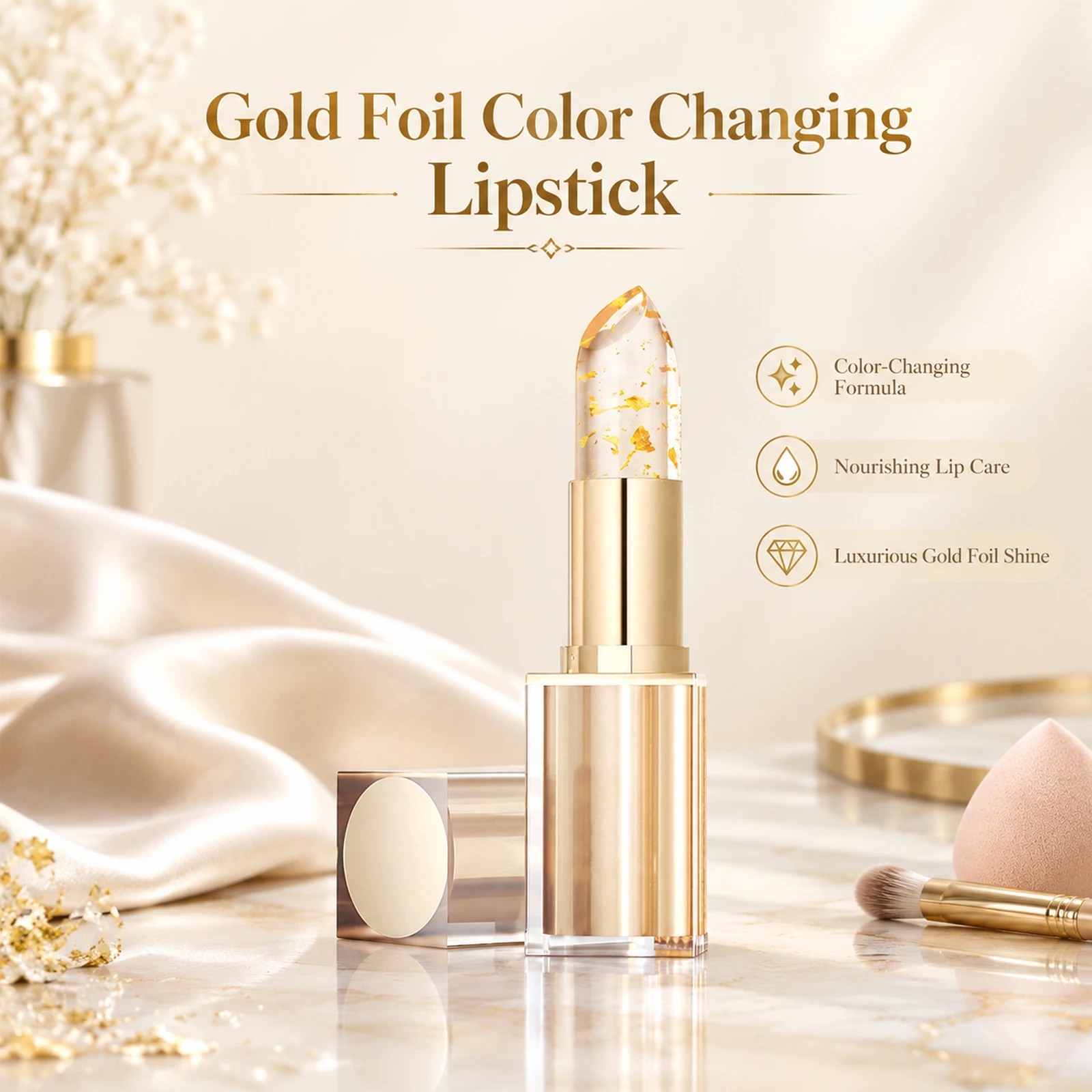 Gold Crystal Color Changing Lipstick PH Lipstick 24-Hour Moisturizing Fade Lip Lines Plump Lips Contour Hyaluronic Acid Lip Balm