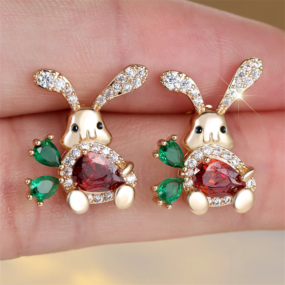 Cute Small Rabbit Carrot Stud Earrings For Women Red Green Crystal Water Drop Stone Vintage Silver Color Wedding Jewelry