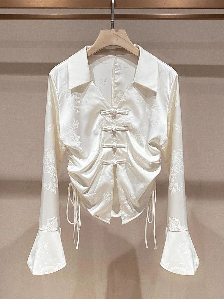 Fashion Vintage Blouses Flare Sleeve V Neck Jacquard Draw String Shirts Chinese Style Design Crop Tops Slim Women's Clothing