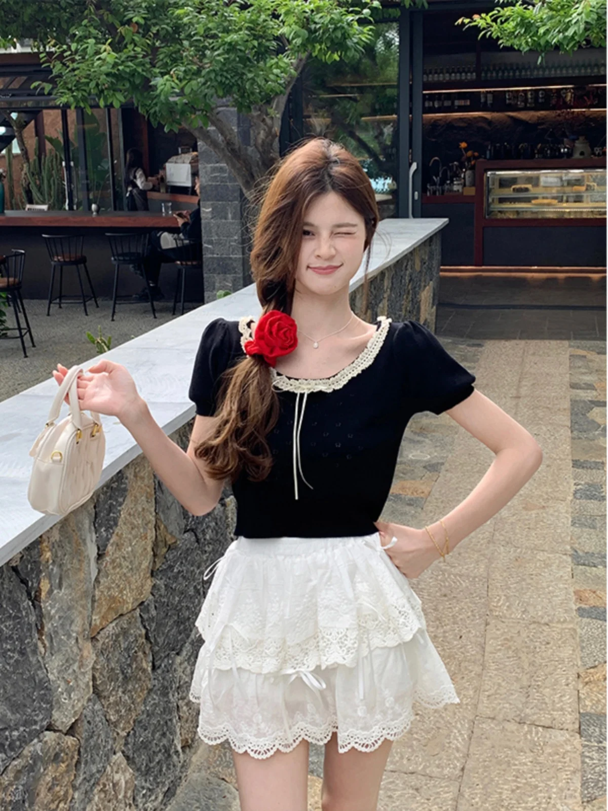 

Sweet Lace Splice Short Sleeve Knitted Sweater plus Size Summer New Style Slimming Versatile Design Hollow out Top for Women