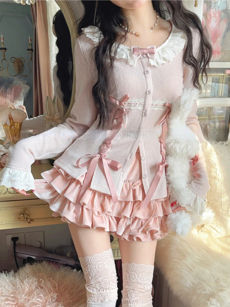 Pink Lolita Kawaii 2 Piece Set Women Korean Elegant Party Mini Skirt Suit Female Knitted Lace Blouse  + Elastic Sweet Skirt 2024