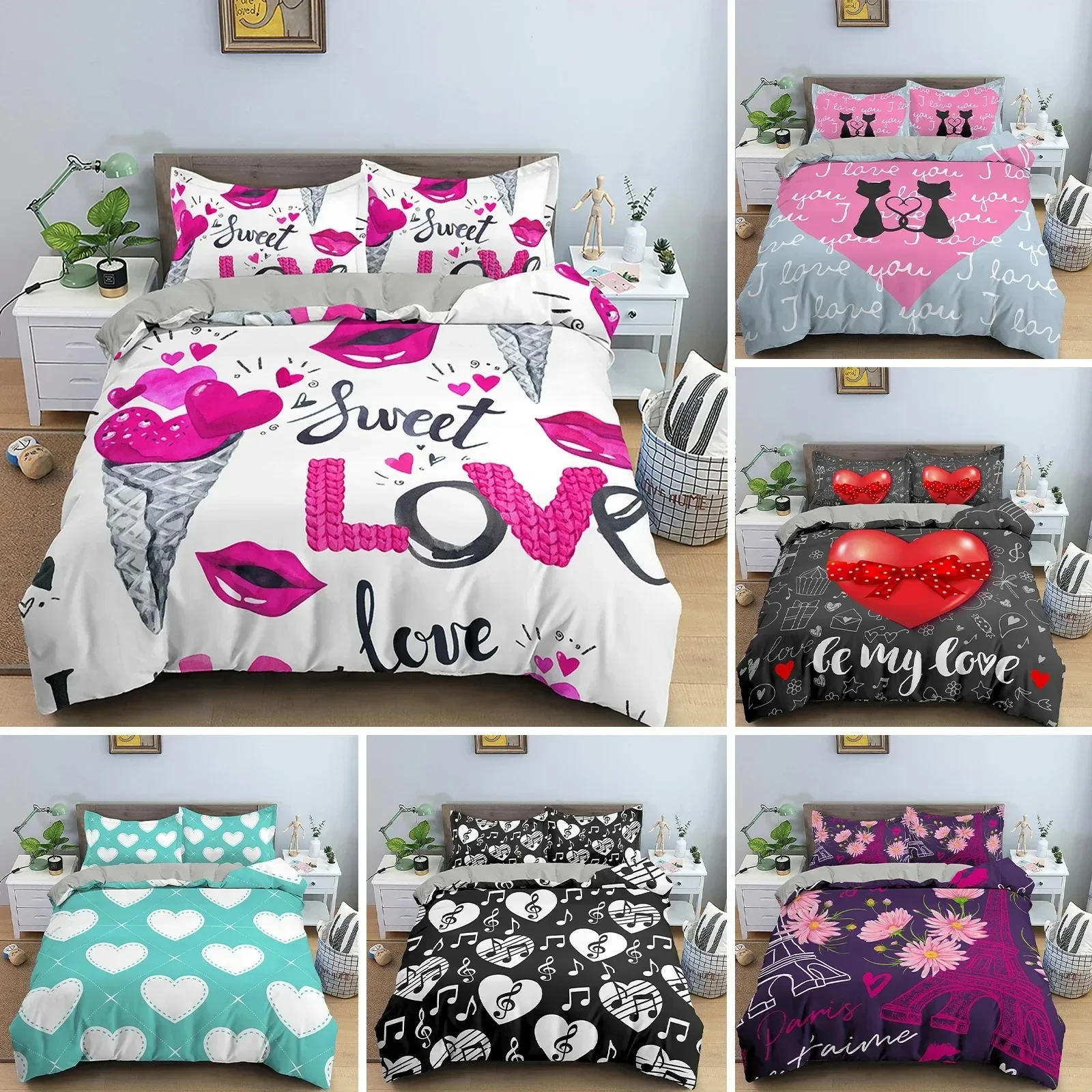 

3D Love Heart Duvet Cover Paris Tower Bedding Set Bed Linen Home Textile Bedclothes Soft Bed Set QueenKing Size for Kids