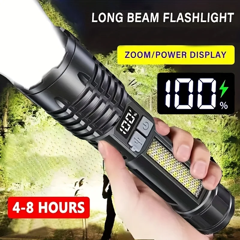 Portable Rechargeable High Power LED Flashlights With Display Screen Zoom Tactical Torch Lamp with Emergency Side Lights Lantern