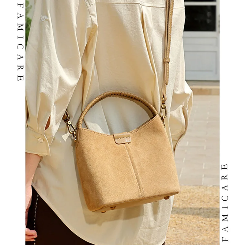 Versatile Women Suede Split Leather Shoulder Bag Elegant Woven Top Handle Bucket Bag Minimalist Lady Solid Color Crossbody Bag