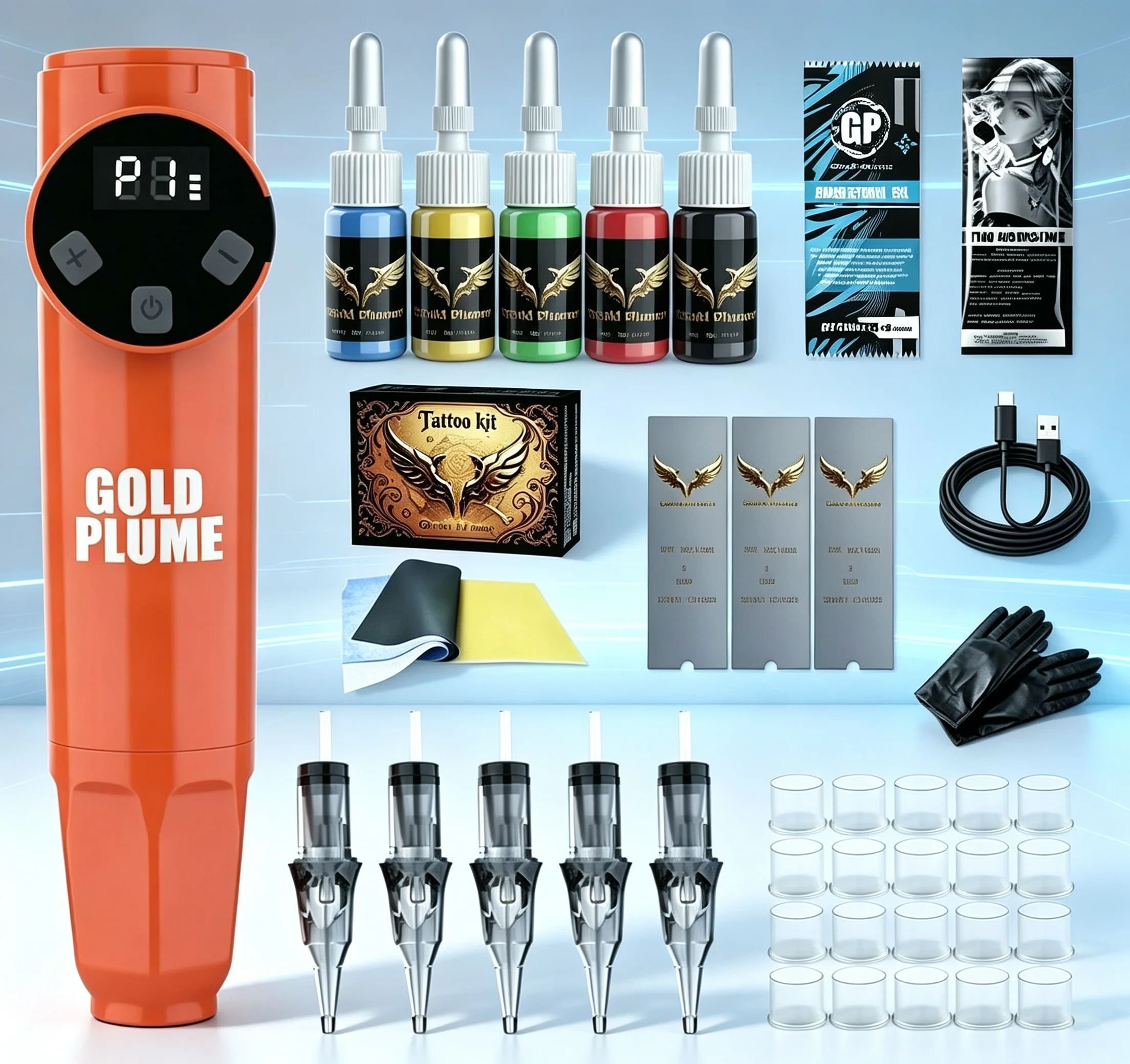 Tattoo Kit, 1100Mah Wireless Tattoo Power Supply, Comes with 5Pcs Tattoo Cartridge Needles & 5‑Color Tattoo Inks, Complete Tattoo Accessories, Professional Tattoo Supplies for Beginners & Tattoo Artists
