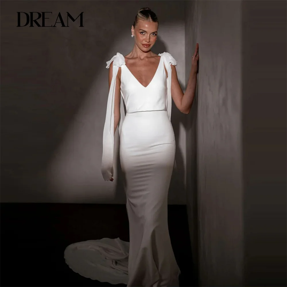 

DREAM V-Neck Mermaid Wedding Dress 2025 Bows Spaghetti Straps Backless Pleat Sleeveless Bridal Gown Vestidos De Novia Customized