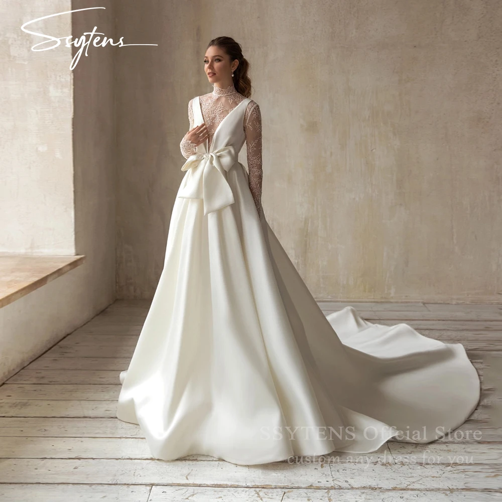 

SSYTENS Винтажные свадебные платья для женщин, роскошное свадебное платье 2026 с высоким воротом и длинными рукавами, иллюзорное кружевное платье De Mariée по индивидуальному заказу
