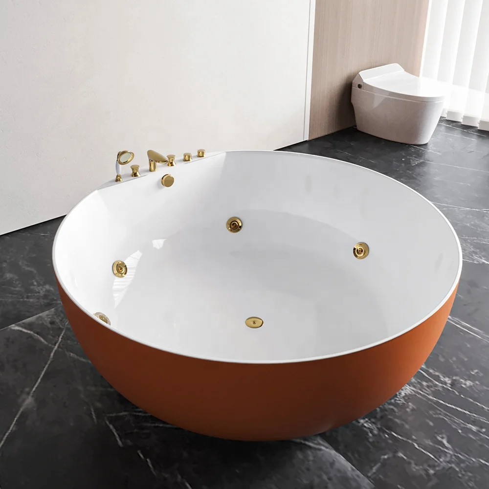 

Round Stone Bath Solid Surface Gold Freestanding Hot Tub Jacuzzi