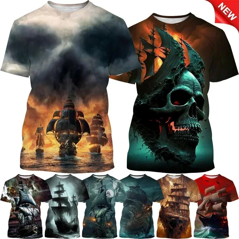 

Men Women Casual T-shirt 3D Printing Pirate Ship Printed T-shirt Personality Summer Cool Street Style Round Neck Short-sleeved